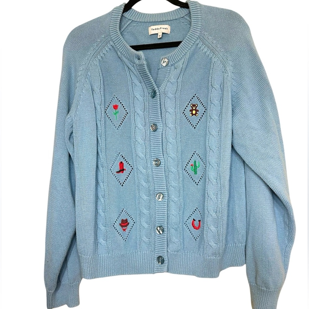 Teddy Fresh Light Blue Embroidered Cardigan, Western Themed, XL